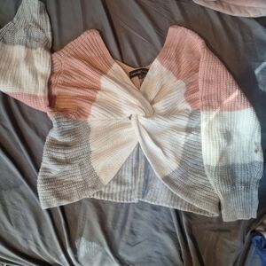 Almost Famous Pink, Gray, and Cream Knotted Cardigan